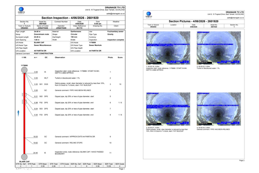 CCTV drain inspection report showing pipe condition assessment in Auckland